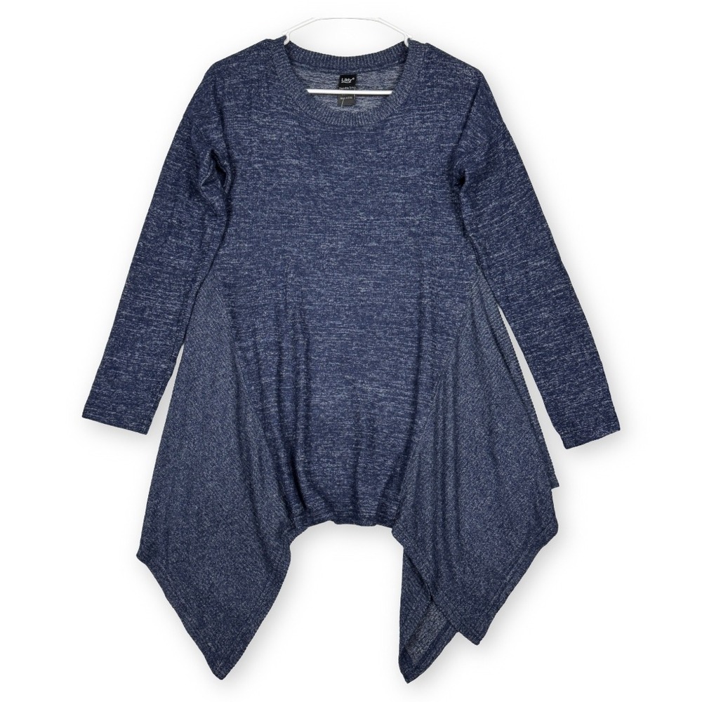 Lildy Shark-Bite Tunic Top Blue Marled Knit Handkerchief Hem Long Sleeve S-M NEW